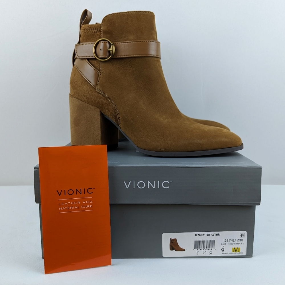 Vionic Tenley Ankle Boot Suede Leather Mid Shaft Zip Closure Toffee 9M NIB - Picture 15 of 15